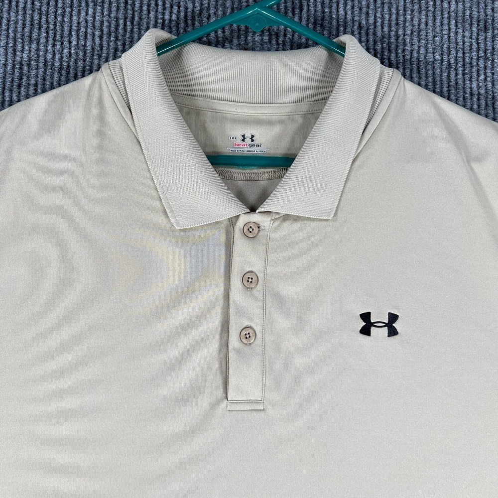 Under Armour Polo Shirt Mens 3XL Solid Beige Short Sleeve‎ Heat Gear Casual